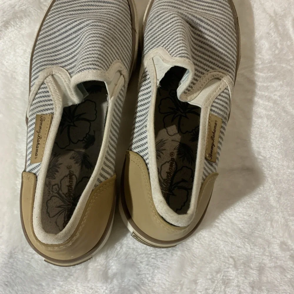 Tommy Bahama: Blue and White Striped Canvas Slip on Boat Shoes; Womens Size 7.5